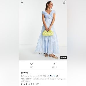 ASOS RUCHED MAXI DRESS BLUE GINGHAM